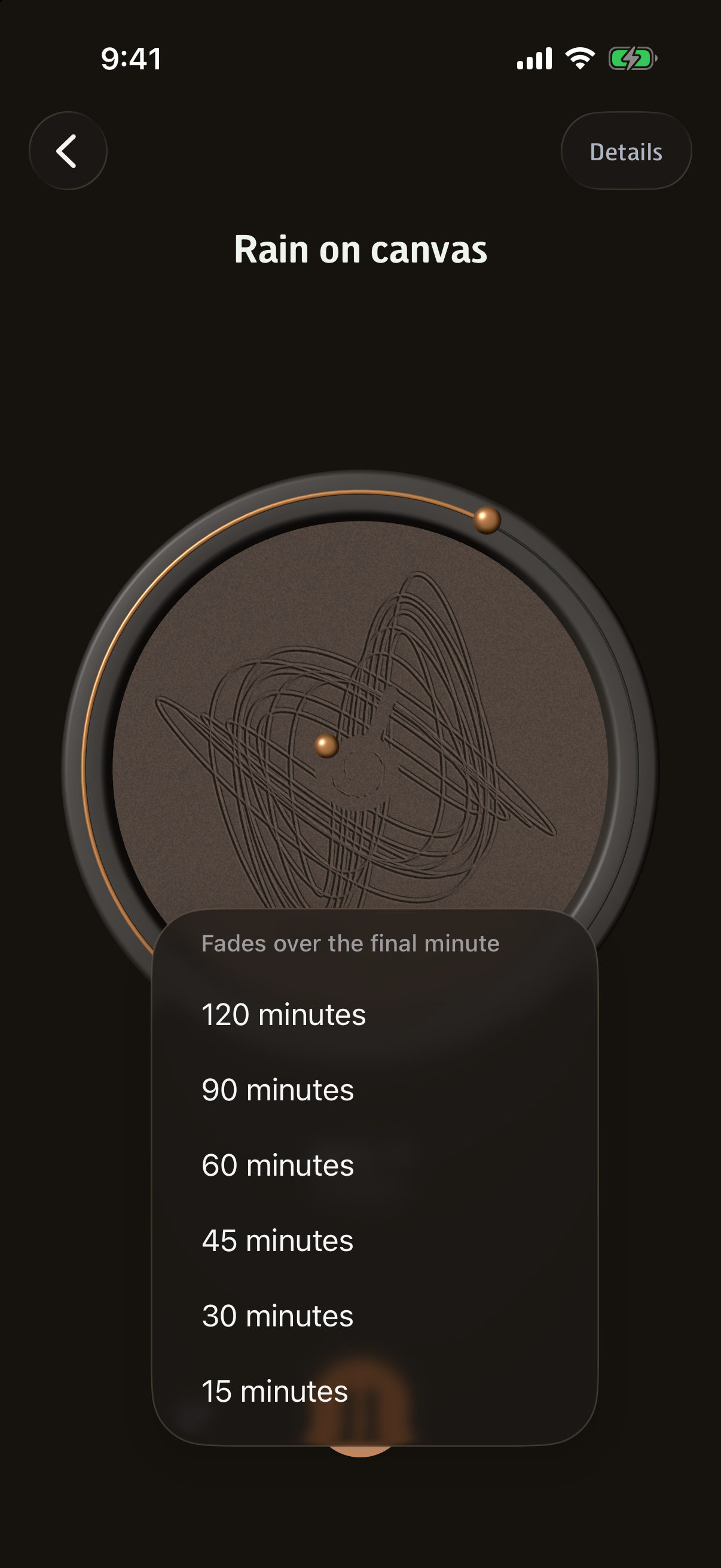 The sleep menu over the sand table: 15 to 120 minutes, under the note that it fades over the final minute.