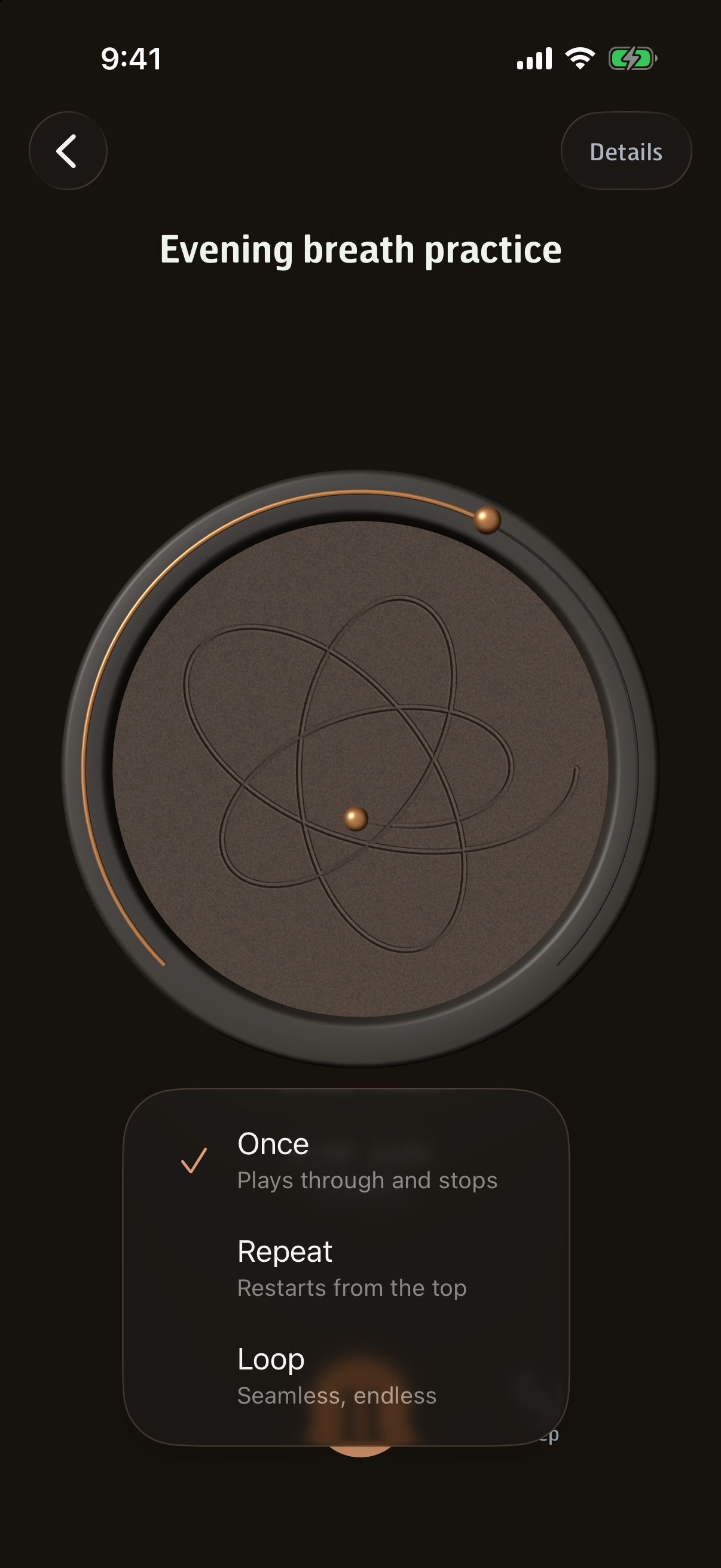The mode menu: Loop, Repeat, and Once, each with a one-line description.