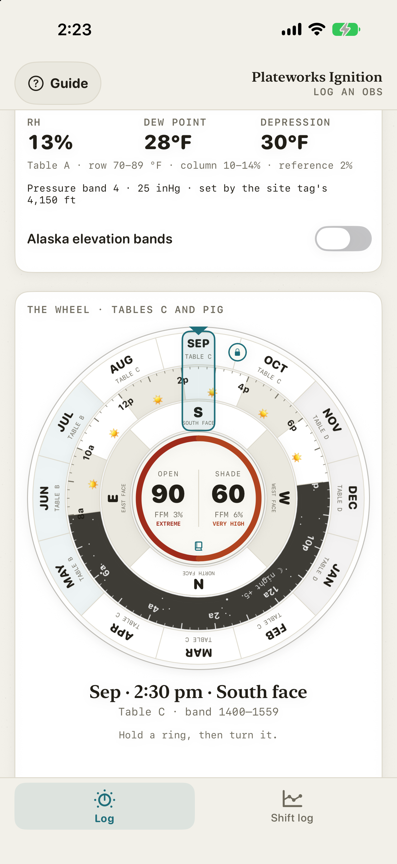 The iPhone app at 2:30 pm in September: a sling reading of 85 °F dry bulb and 55 °F wet bulb gives 13% RH at a 4,150 ft site. The wheel shows Table C, band 1400–1559, south face; the hub reads PIG 90 open, Extreme, and 60 shade, Very High.