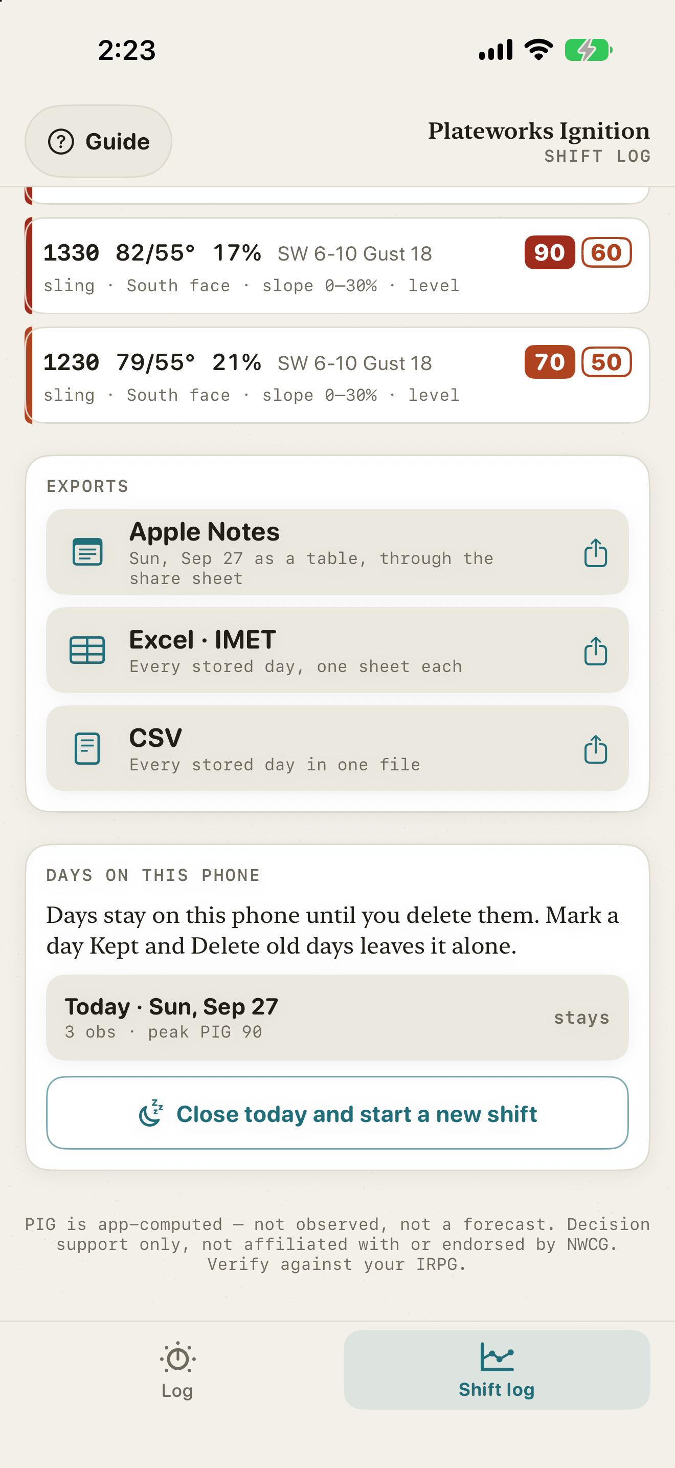 Shift log exports: Apple Notes, Excel IMET with one sheet a day, and CSV, above the days kept on the phone.