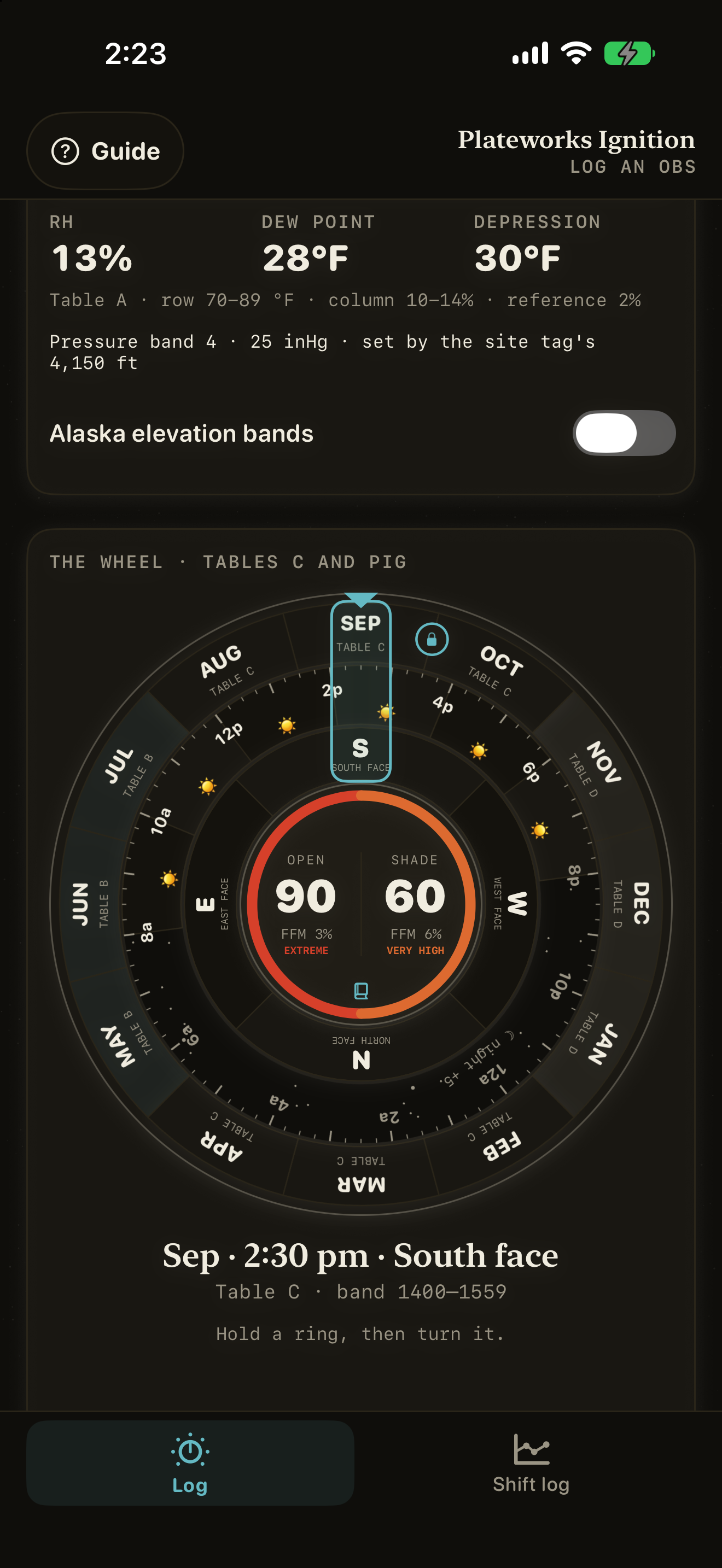 The same wheel in night mode, on a near-black ground.