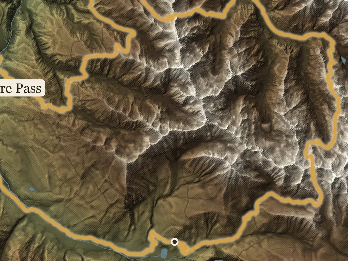Close view of the Rifle to Aspen poster: a gold trail loops through deeply shaded canyons and pale ridgelines.