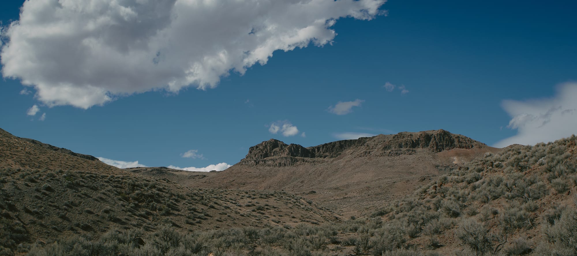 Sagebrush hills rise to a rimrock ridge under a deep blue sky and one large white cloud.