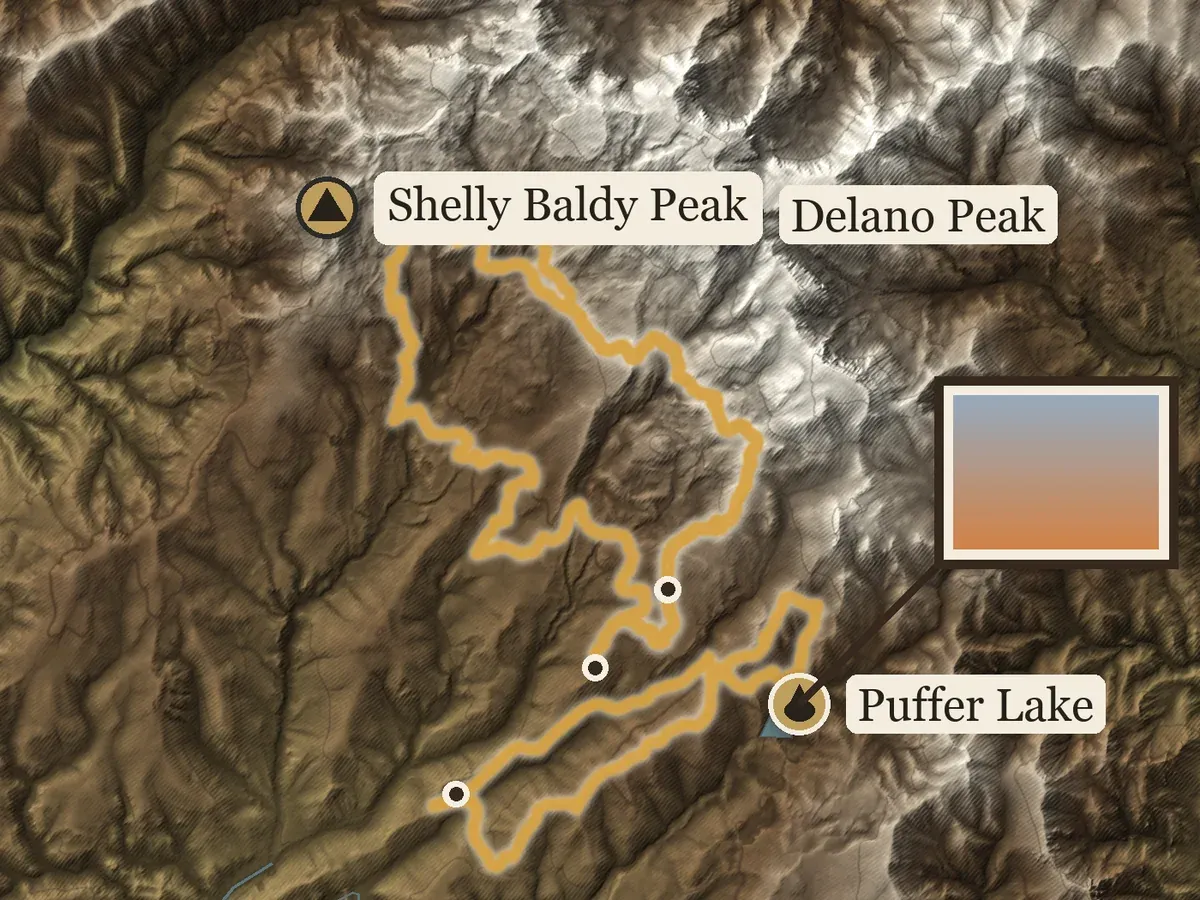 Close view of the Tushar Mountains poster: trails climb toward Shelly Baldy Peak, with a photo pinned beside Puffer Lake.