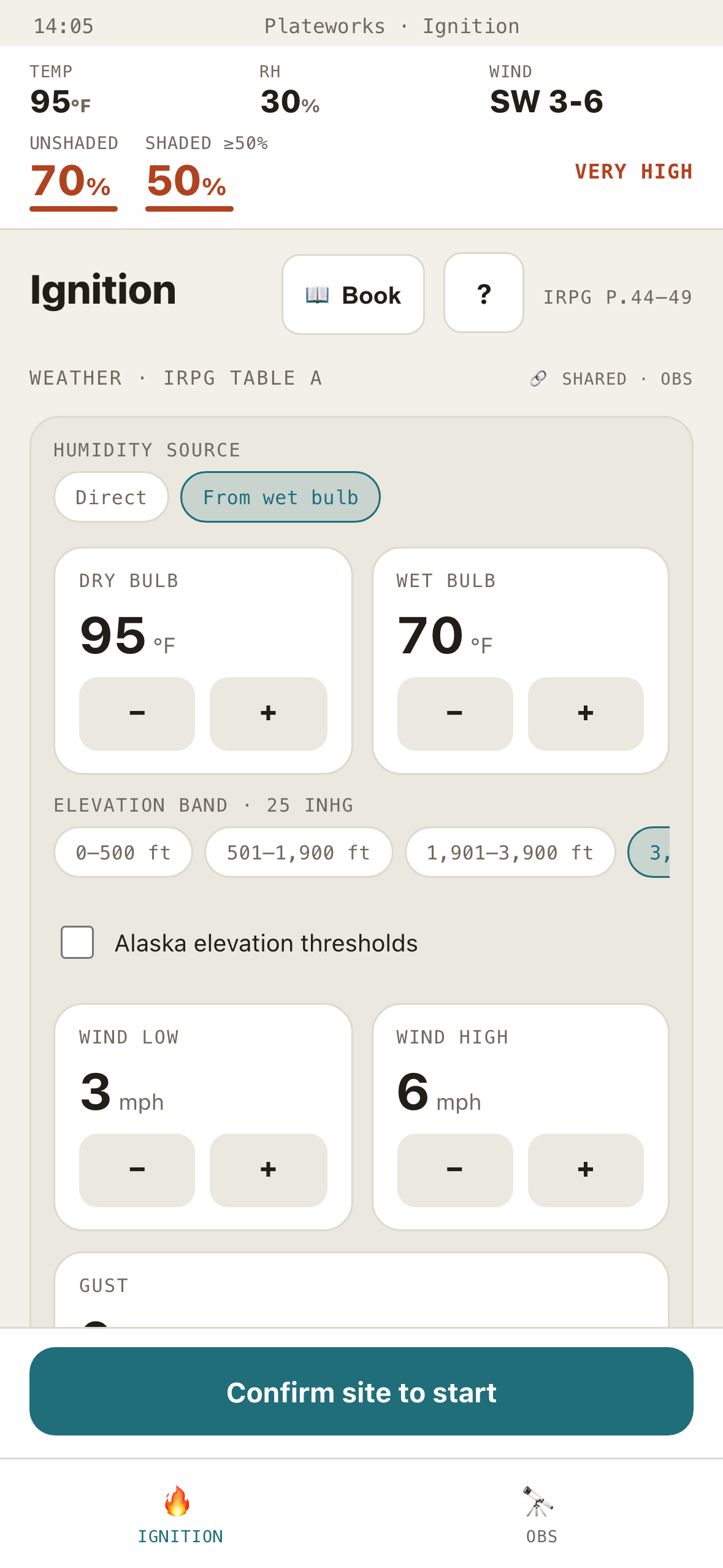 The web app in wet-bulb mode: 95 °F dry bulb and 70 °F wet bulb give 30% RH.